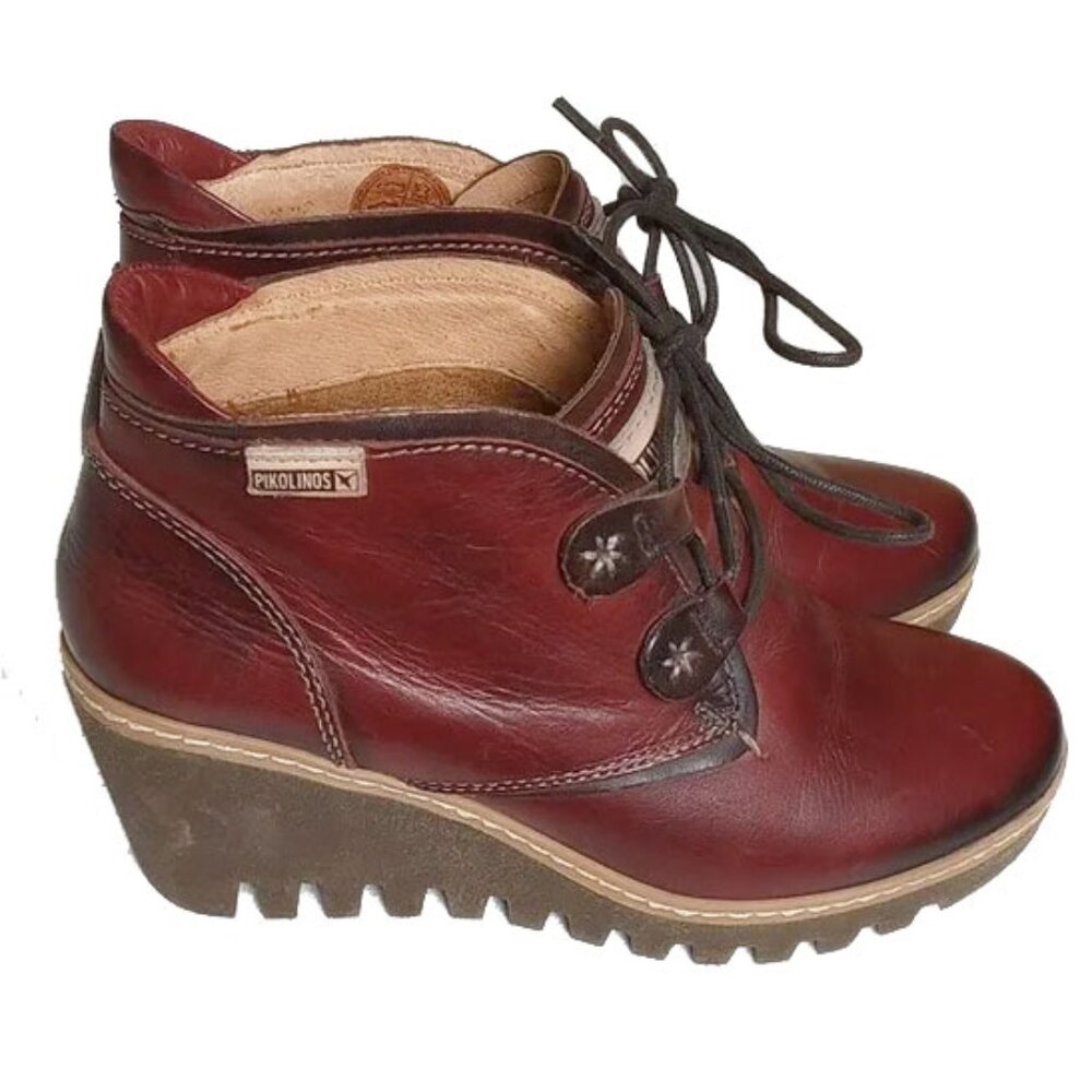 Pikolinos Zafiro & Olmo Maple Wedge Ankle Boots Booties 35 Cognac Leather